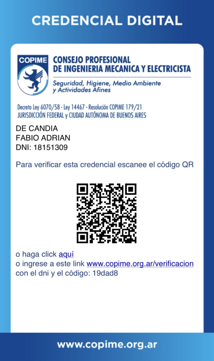 Credencial digital COPIME Fabio De Candia